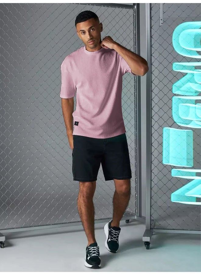 Maniac Mens Solid Round Neck Half Sleeve Pink Seersucker CottonBlend Oversized T-Shirt - Image 5