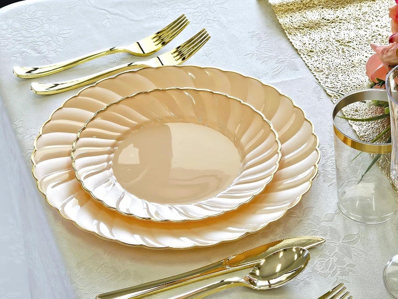 OCCASIONS FINEST PLASTIC TABLEWARE " OCCASIONS " 50 Plates Pack (25 Guests)-Vintage Wedding Party Disposable Plastic Plate Set -25 x 10.25'' Dinner + 25x7.5'' Salad/dessert plates (Blossom Blush Pink & Gold) - Image 3