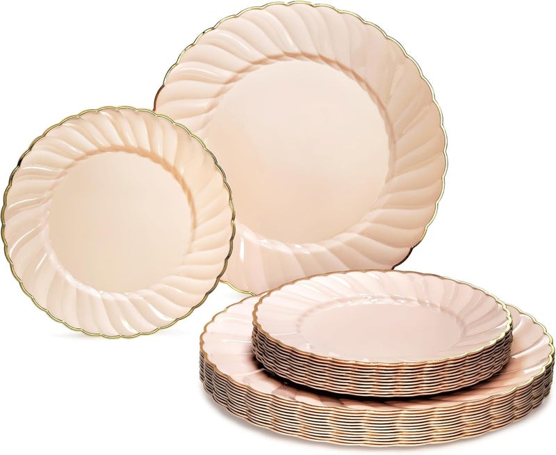 OCCASIONS FINEST PLASTIC TABLEWARE " OCCASIONS " 50 Plates Pack (25 Guests)-Vintage Wedding Party Disposable Plastic Plate Set -25 x 10.25'' Dinner + 25x7.5'' Salad/dessert plates (Blossom Blush Pink & Gold) - Image 1