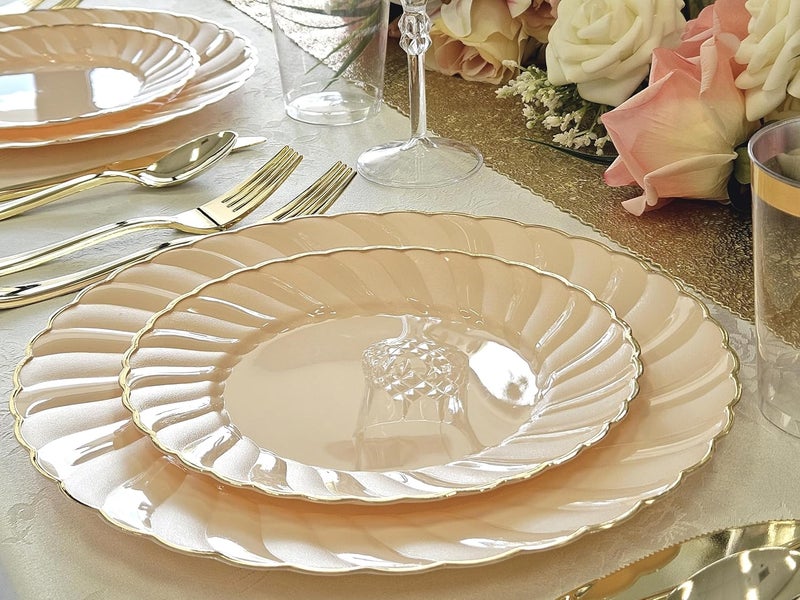 OCCASIONS FINEST PLASTIC TABLEWARE " OCCASIONS " 50 Plates Pack (25 Guests)-Vintage Wedding Party Disposable Plastic Plate Set -25 x 10.25'' Dinner + 25x7.5'' Salad/dessert plates (Blossom Blush Pink & Gold) - Image 5