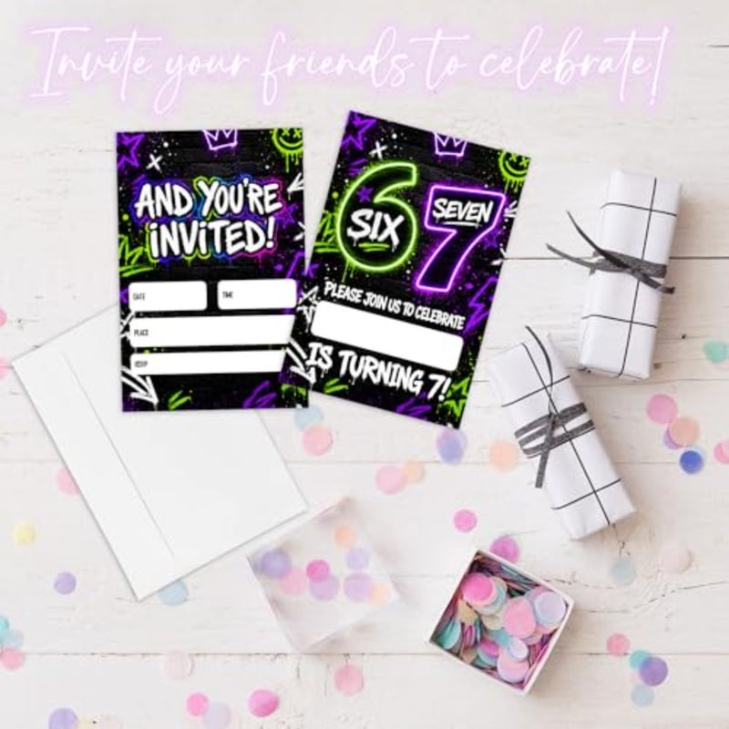 7Th Birthday Party Invitations Boys Girls, Cool Glow Neon I Was 6 Now I'M 7 Invitation Cards With Envelopes For Boys Girls, 6 7 Birthday tions 20 Pack,Party Favor And Supplies- B04 - Image 4