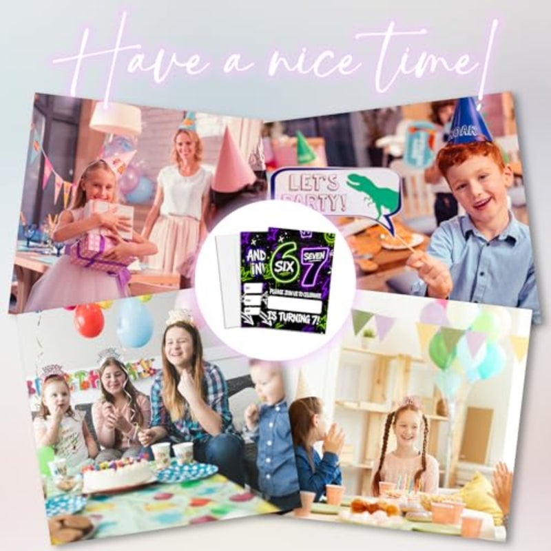 7Th Birthday Party Invitations Boys Girls, Cool Glow Neon I Was 6 Now I'M 7 Invitation Cards With Envelopes For Boys Girls, 6 7 Birthday tions 20 Pack,Party Favor And Supplies- B04 - Image 5