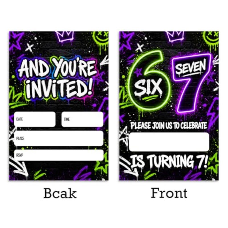 7Th Birthday Party Invitations Boys Girls, Cool Glow Neon I Was 6 Now I'M 7 Invitation Cards With Envelopes For Boys Girls, 6 7 Birthday tions 20 Pack,Party Favor And Supplies- B04 - Image 3