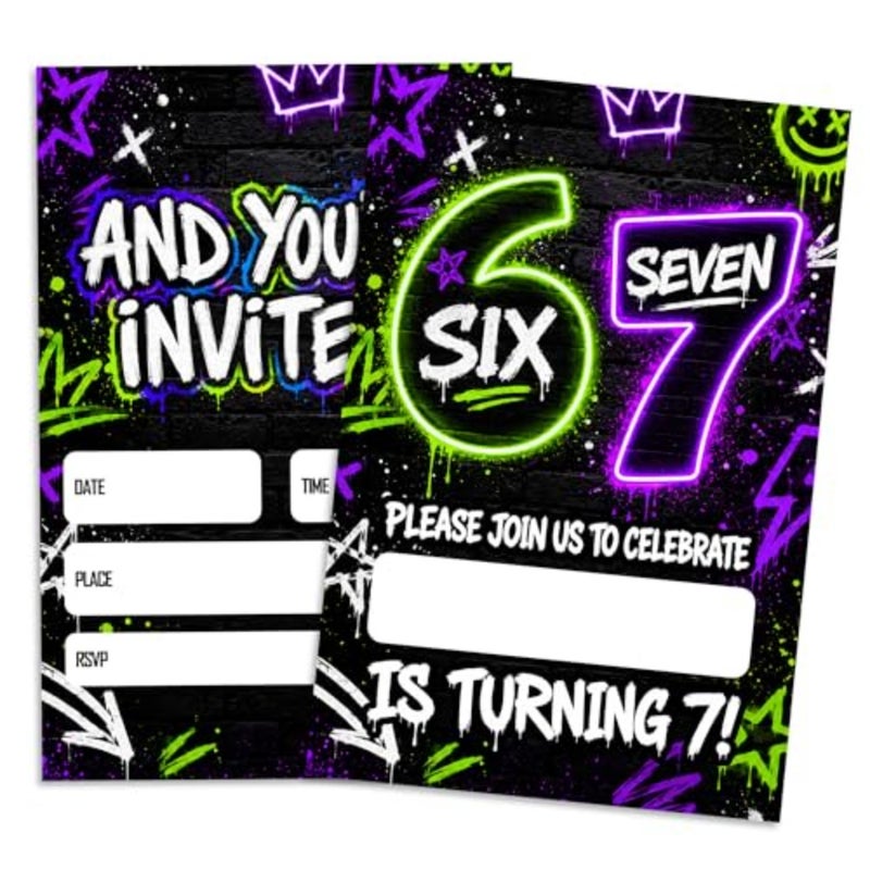 7Th Birthday Party Invitations Boys Girls, Cool Glow Neon I Was 6 Now I'M 7 Invitation Cards With Envelopes For Boys Girls, 6 7 Birthday tions 20 Pack,Party Favor And Supplies- B04 - Image 1
