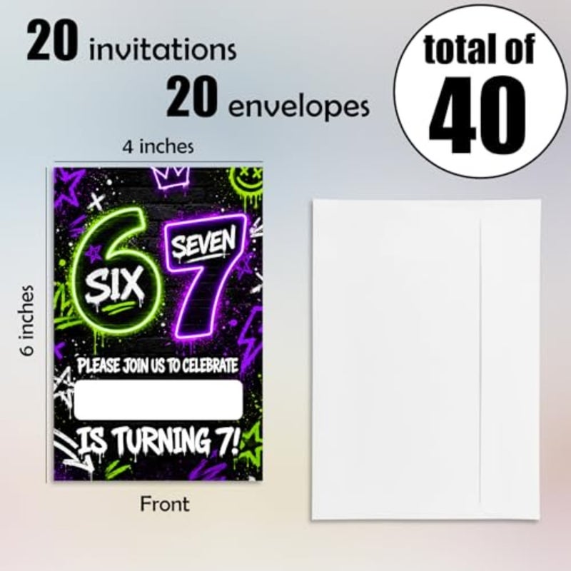 7Th Birthday Party Invitations Boys Girls, Cool Glow Neon I Was 6 Now I'M 7 Invitation Cards With Envelopes For Boys Girls, 6 7 Birthday tions 20 Pack,Party Favor And Supplies- B04 - Image 2