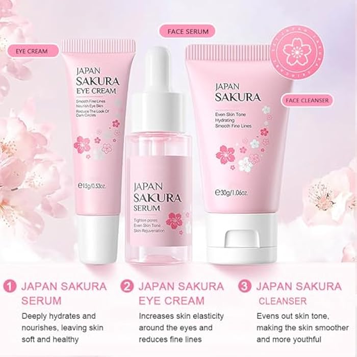 FirstFly Skin Care Sets for Women/Girls JAPAN SAKURA Beauty Gift Sets Skincare Kit with Cleanser, Serum, Eye Cream, Face Cream Travel Pamper Sets for Women Gifts,Skin Care Sets & Kits - Image 3