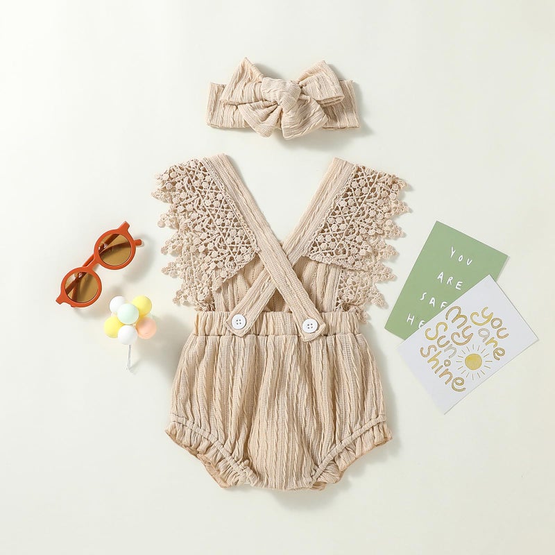Douhoow Infant Baby Girl Plaid Romper Baby Short Sleeve Pleated Romper Bodysuit Summer Spring Outfits (Beige,0-3 Months) - Image 3