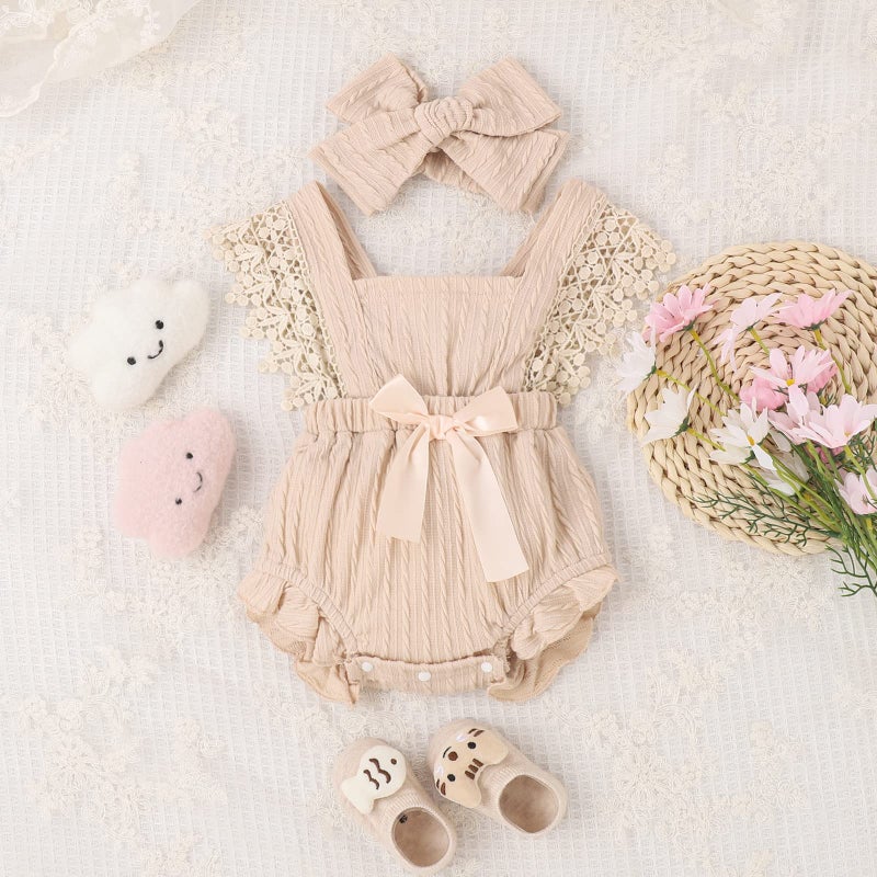 Douhoow Infant Baby Girl Plaid Romper Baby Short Sleeve Pleated Romper Bodysuit Summer Spring Outfits (Beige,0-3 Months) - Image 2