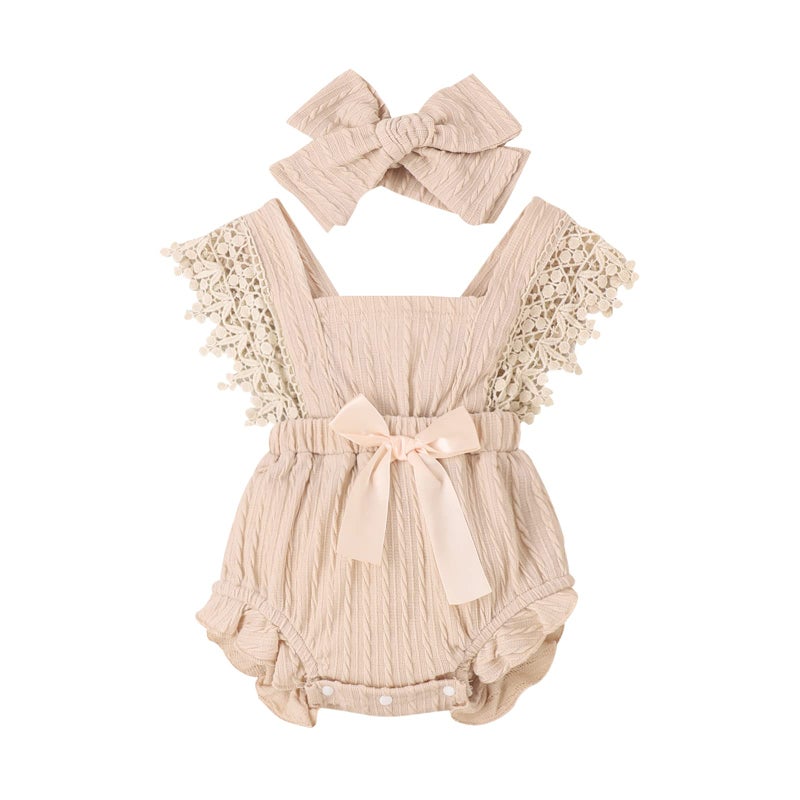Douhoow Infant Baby Girl Plaid Romper Baby Short Sleeve Pleated Romper Bodysuit Summer Spring Outfits (Beige,0-3 Months) - Image 1