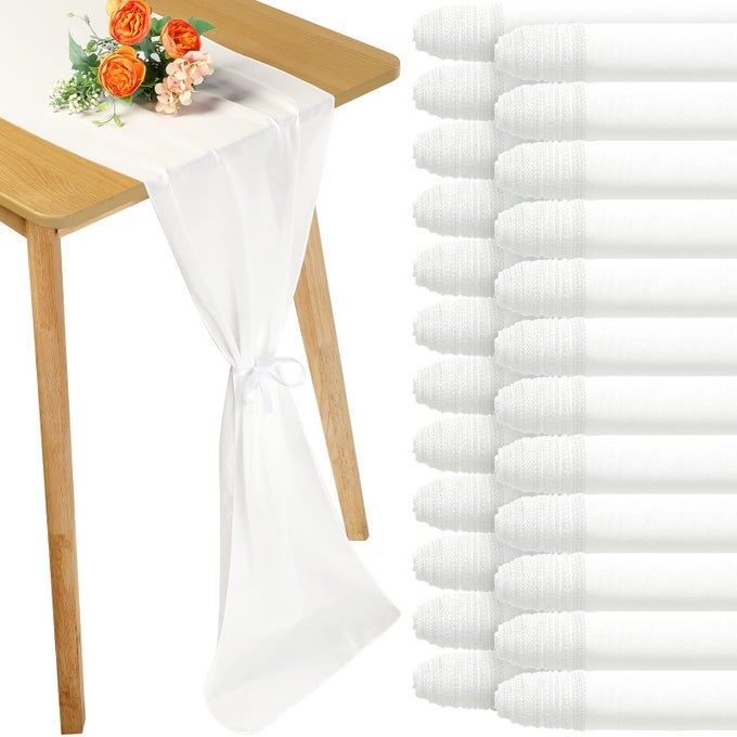 24 PACK CHIFFON TABLE RUNNERS ROMANTIC SHEER TABLE DECORATIONS LONG TULLE RUNNER FOR WEDDING BRIDAL SHOWER PARTY SUPPLIES DECOR 118 X 12 INCHES WHITE