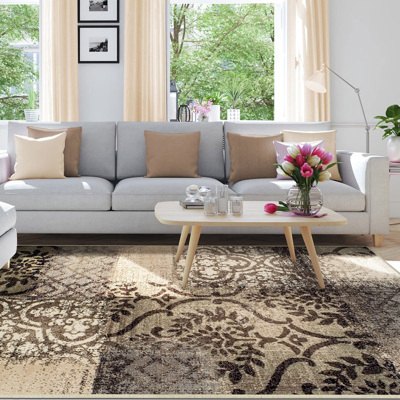Superior Bristol Collection Area Rug 8mm Pile Height with Jute Backing Chic Geometric Damask Patchwork Design Fashionable and Affordable Woven Rugs  8 x 10 Rug Beige  Brown