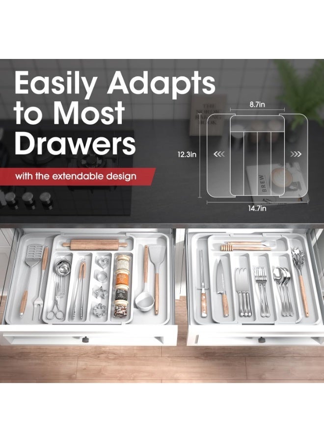 منظم درج أدوات المائدة – صينية أدوات قابلة للتوسيع للمطبخ، حامل أدوات طعام بلا BPA، تخزين بلاستيكي قابل للتعديل للملاعق والشوك والسكاكين - Image 3
