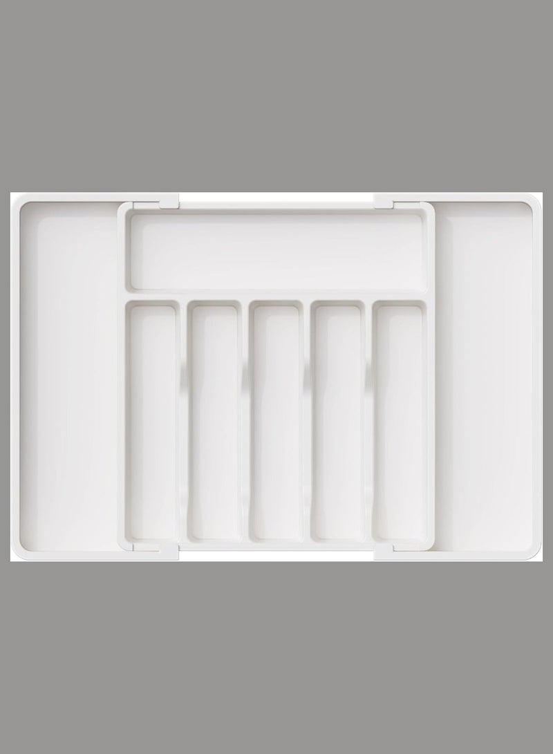 منظم درج أدوات المائدة – صينية أدوات قابلة للتوسيع للمطبخ، حامل أدوات طعام بلا BPA، تخزين بلاستيكي قابل للتعديل للملاعق والشوك والسكاكين - Image 1