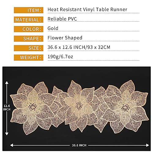FAVE Gold Table Runners 36 Inches Heat Resistant Table Runner Flower Shaped Vinyl Table Runner Waterproof Washable Table Mats for Wedding, Banquet, Birthday, Party, Restaurant(Gold Flower Shaped) - Image 2