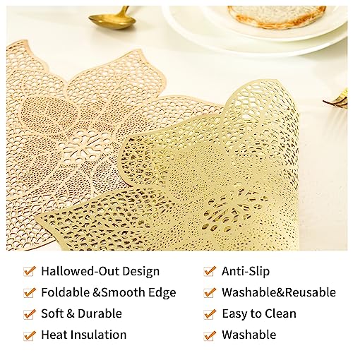 FAVE Gold Table Runners 36 Inches Heat Resistant Table Runner Flower Shaped Vinyl Table Runner Waterproof Washable Table Mats for Wedding, Banquet, Birthday, Party, Restaurant(Gold Flower Shaped) - Image 4