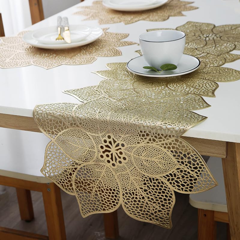 FAVE Gold Table Runners 36 Inches Heat Resistant Table Runner Flower Shaped Vinyl Table Runner Waterproof Washable Table Mats for Wedding, Banquet, Birthday, Party, Restaurant(Gold Flower Shaped) - Image 5