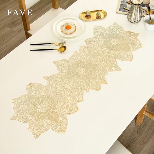 FAVE Gold Table Runners 36 Inches Heat Resistant Table Runner Flower Shaped Vinyl Table Runner Waterproof Washable Table Mats for Wedding, Banquet, Birthday, Party, Restaurant(Gold Flower Shaped) - Image 3
