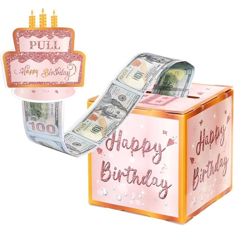 Hoyuwak Pink Rose Gold Birthday Money Gift Box for cash - DIY Pull-Out Cash Present with Age Stickers, Transparent Bags, Fun Surprise Gift for Family & Friends - Image 1