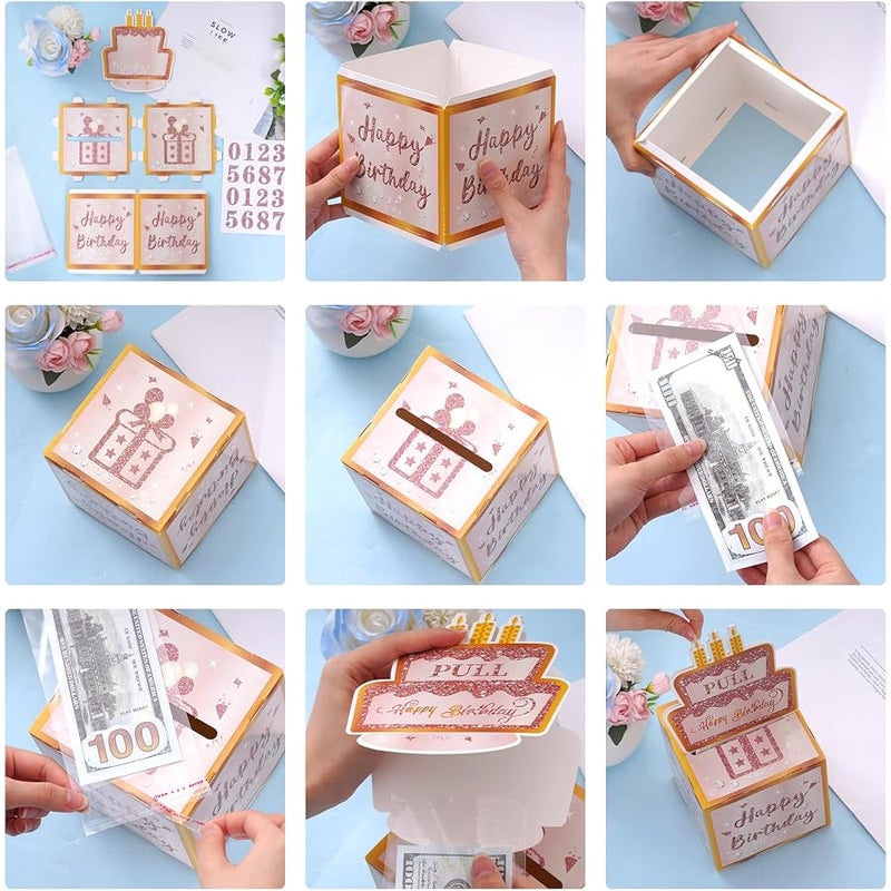 Hoyuwak Pink Rose Gold Birthday Money Gift Box for cash - DIY Pull-Out Cash Present with Age Stickers, Transparent Bags, Fun Surprise Gift for Family & Friends - Image 3