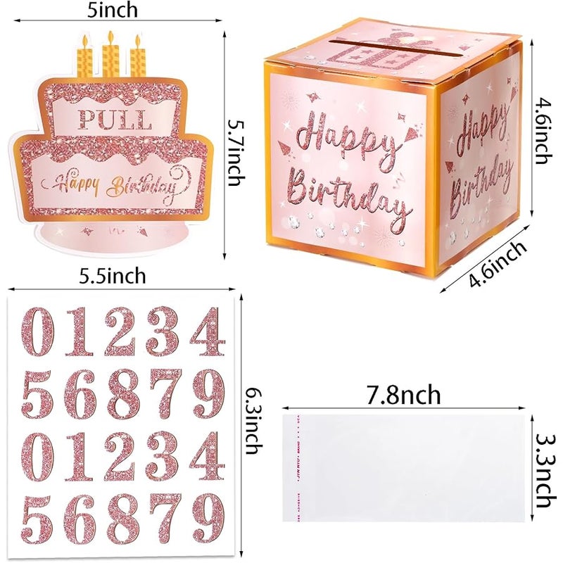 Hoyuwak Pink Rose Gold Birthday Money Gift Box for cash - DIY Pull-Out Cash Present with Age Stickers, Transparent Bags, Fun Surprise Gift for Family & Friends - Image 2