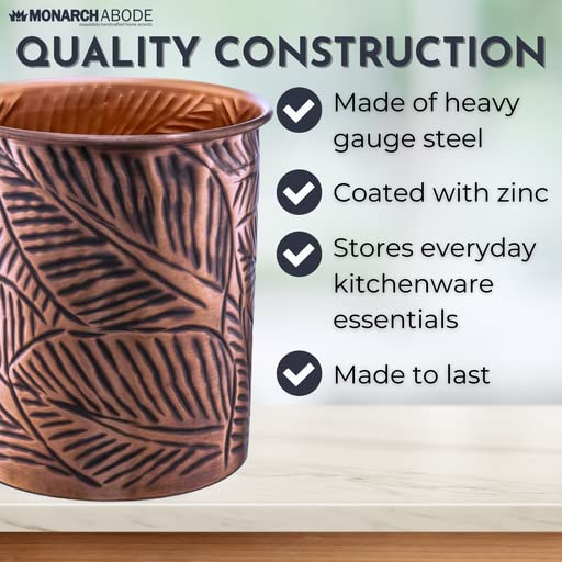 Monarch Abode 49677 Metal Handcrafted Floral Embossed Caddy  Kitchen Interior Organizer for Utensils  Crock for Cooking Utensils  Multipurpose  Large Utensil Holder  Antique Copper Finish - Image 4