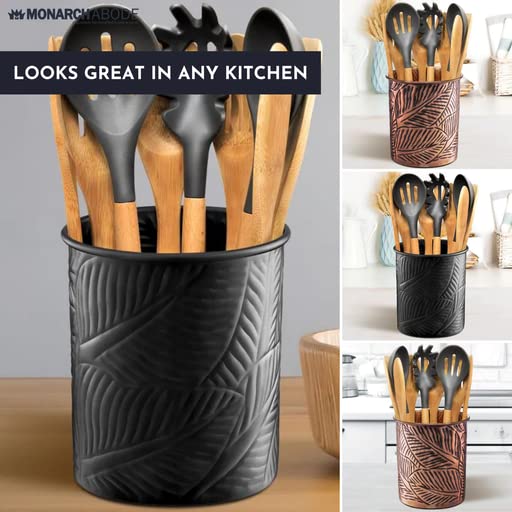 Monarch Abode 49677 Metal Handcrafted Floral Embossed Caddy  Kitchen Interior Organizer for Utensils  Crock for Cooking Utensils  Multipurpose  Large Utensil Holder  Antique Copper Finish - Image 3