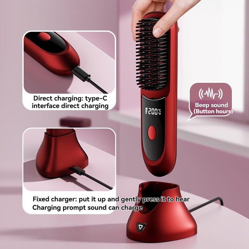 Negative Ion Hair Straightener Comb: 3-Level Temperature Control, 4000mAh Battery, 3-Hour Fast Type-C Charging - Red Compact Portable Styling Tool for Home, Travel, Dormitory and Car Use - Image 1