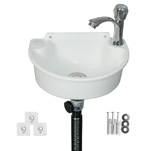 shawoo Small Bathroom Sink Wall Mount Bathroom Sink Wash basin, No-Drill Installation Self-Adhesive Sink 11.8 x 8.2 Inch with 1.26 Inch Faucet Hole, Rv Sink Mini Plastic for Home, Dorm, Garage - Image 1