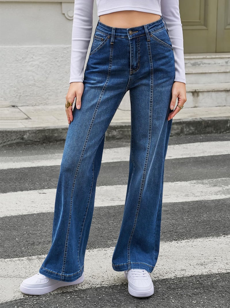 Cicy Bell Womens Wide Leg Jeans High Waisted Baggy Stretchy Front Seam Denim Pants with Pockets Blue - Image 4