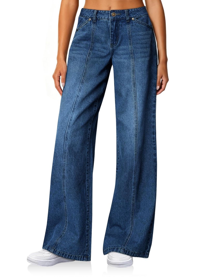 Cicy Bell Womens Wide Leg Jeans High Waisted Baggy Stretchy Front Seam Denim Pants with Pockets Blue - Image 1