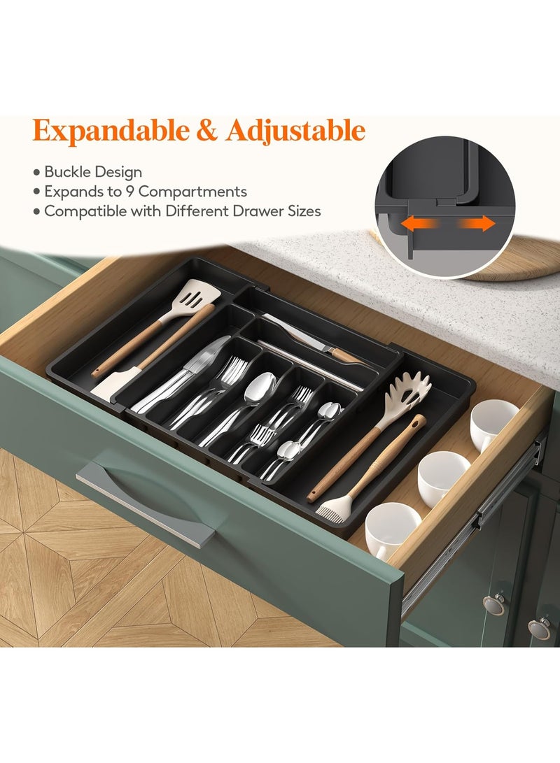 Expandable Kitchen Drawer Organizer Tray, Adjustable Cutlery & Utensil Organizer, BPA-Free Food Grade Plastic Drawer Divider for Spoons Forks Knives Kitchen Storage (9 Compartments) - Image 3