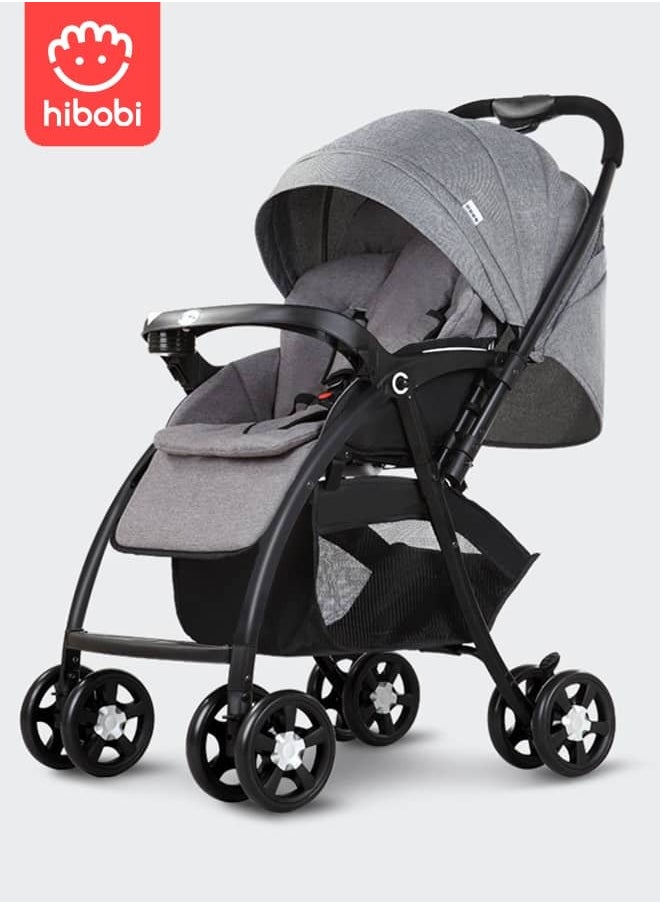 hibobi Premium Baby Stroller | Two-Way Use & Adjustable Backrest | One-Hand Fold Design | Removable Washable Seat Cushion | 5-Point Harness & Large Storage Basket 
