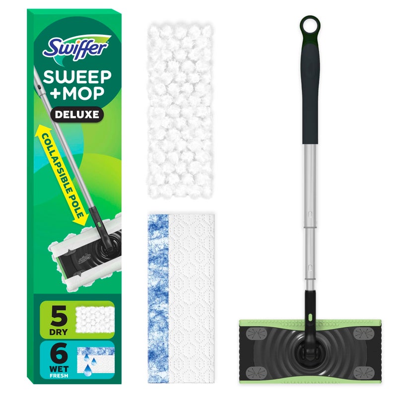 Swiffer Sweep Mop Deluxe 2in1 MultiSurface Kit for Floor Cleaning Includes 1 Sweeper Device 5 Dry Sweeping 6 Wet Mopping Heavy Duty Cloths Black - Image 2