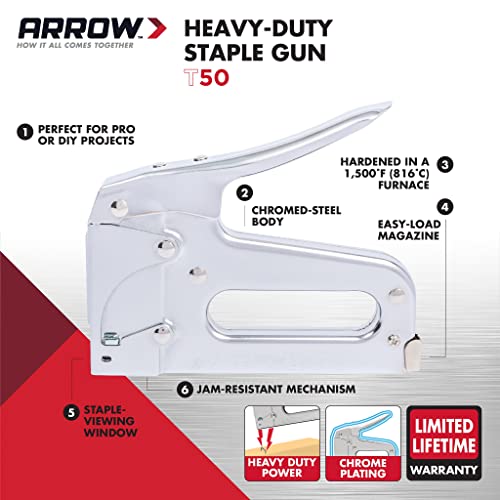 Arrow Fastener Arrow T50 Heavy Duty Staple Gun for Upholstery, Wood, Crafts, DIY and Professional Uses, Manual Stapler Uses 1/4”, 5/16”, 3/8", 1/2", or 9/16” Staples - Image 3