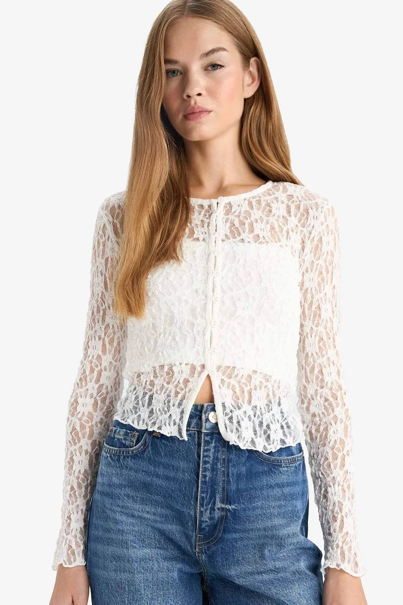 ديفاكتو Slim Fit Crew Neck Lace Cardigan
