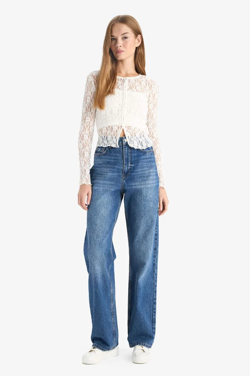 ديفاكتو Slim Fit Crew Neck Lace Cardigan