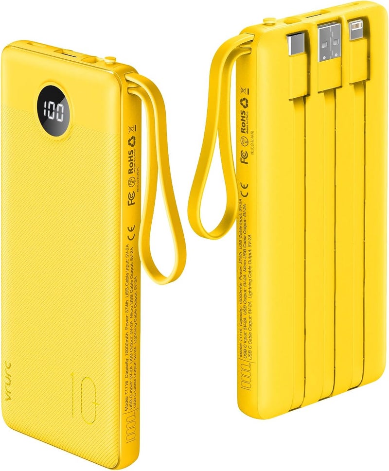 VRURC 10000mAh Power Bank With Built in Cables,USB C Battery Pack Portable Charger with 5 Outputs 2 Inputs Powerbank LED Display compatible with iPhone 14 13 12 Samsung S21 S20 Xiaomi iPad - Image 1