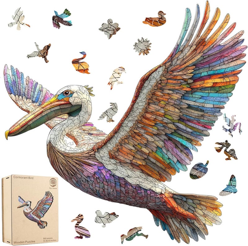 Mys Aurora Wooden Puzzles for Adults Cormorant Bird Jigsaw Puzzles,300 Pieces 5MM Thick, Unique Shaped Cormorant Bird Puzzle Family Game Gift for Adults and Kids, 15.6 x 15.4 Inch - Image 1