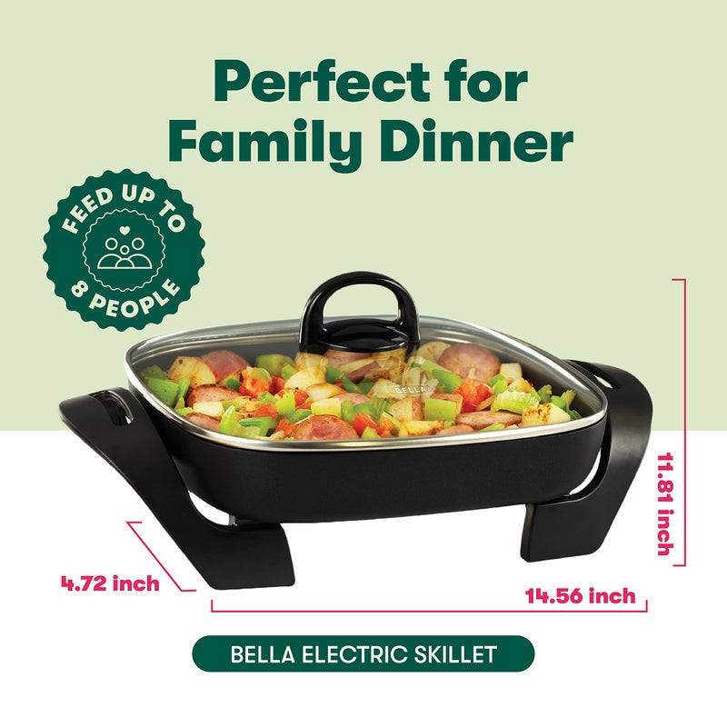 bella Electric Skillet and Frying Pan with Glass Lid, Nonstick Coating, Cool Touch Handles, Removable Heating Probe, Dishwasher Safe, 12 x 12 inch, Black, PFOA & PTFE Free - Image 2