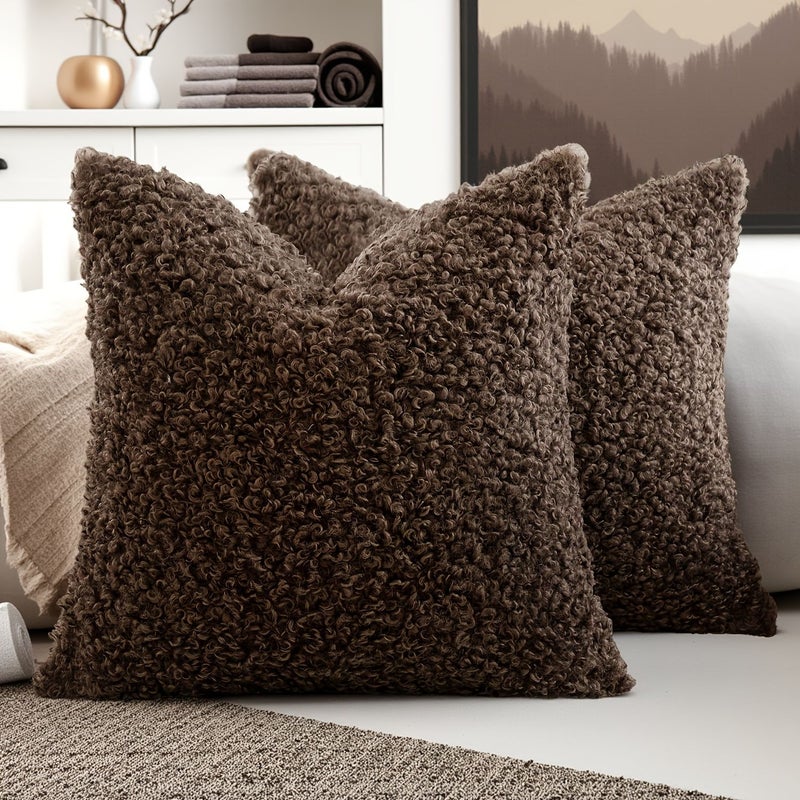 Artificial Fur Pillow Covers In Attractive Chocolate Color 15.75 By 15.75 Inch 2 Pcs Soft And Comfortable Touch For Living Room Sofa Machine Washable - Image 4