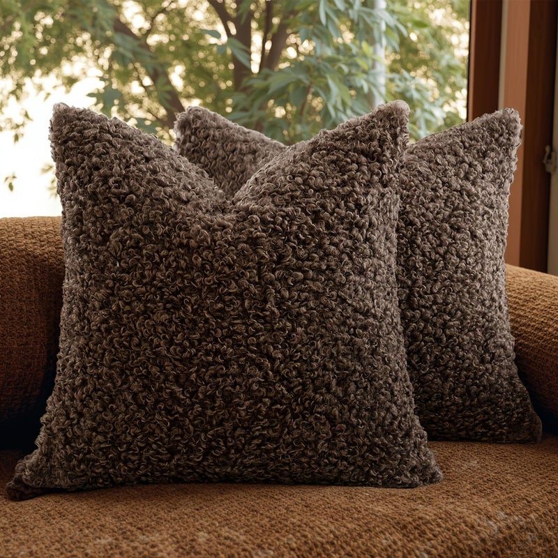Artificial Fur Pillow Covers In Attractive Chocolate Color 15.75 By 15.75 Inch 2 Pcs Soft And Comfortable Touch For Living Room Sofa Machine Washable - Image 5