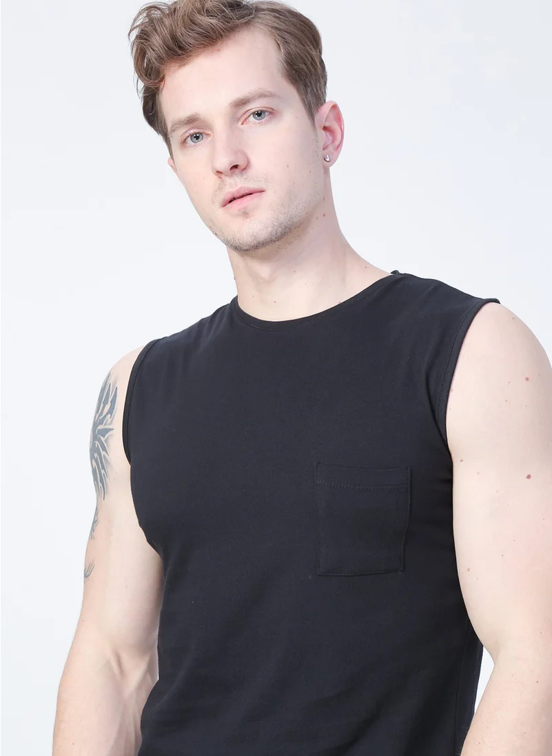 باد بير 22.01.23.002_Tribe Tank-Top Straight Collar Regular Fit Plain Black Men's Undershirt