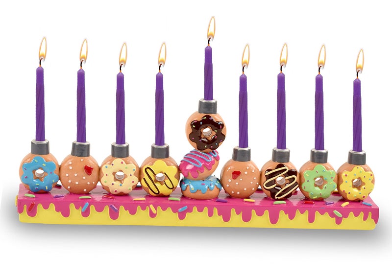 Ner Mitzvah Hand Painted Resin Chanukah Menorah  Theme Menorahs for Chanukah  Donuts for Hanukkah Menorah for Kids