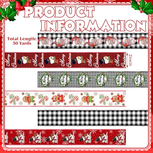 Chunful 12 Rolls Christmas Wired Edge Ribbon 2 Inch x 60 Yards Christmas Snowflake Santa Snowman Gingerbread Buffalo Plaid Ribbon for Xmas Tree Floral Bow Making Wreath Craft DIY Gift Party Decor - Image 3