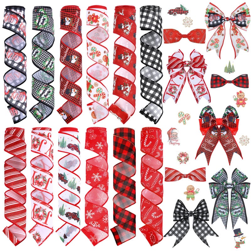 Chunful 12 Rolls Christmas Wired Edge Ribbon 2 Inch x 60 Yards Christmas Snowflake Santa Snowman Gingerbread Buffalo Plaid Ribbon for Xmas Tree Floral Bow Making Wreath Craft DIY Gift Party Decor - Image 2