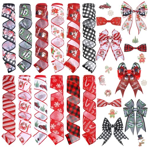 Chunful 12 Rolls Christmas Wired Edge Ribbon 2 Inch x 60 Yards Christmas Snowflake Santa Snowman Gingerbread Buffalo Plaid Ribbon for Xmas Tree Floral Bow Making Wreath Craft DIY Gift Party Decor - Image 1