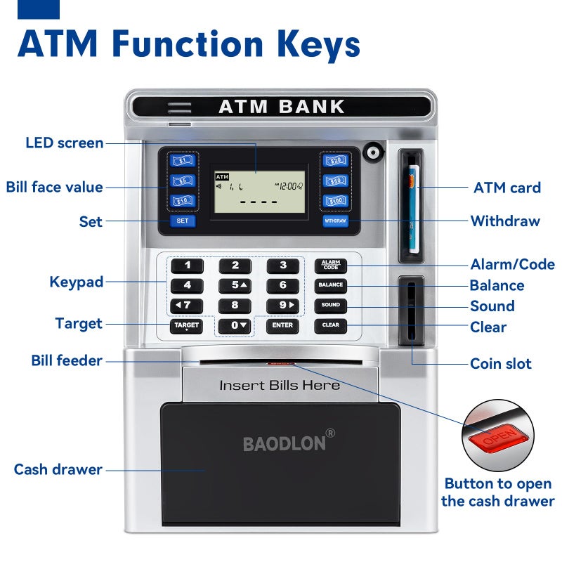 BAODLON Piggy Bank for Kids, ATM Machine Bank for Real Money with Debit Card, Bill Feeder, Coin Recognition, Balance Calculator, Electronic Savings Safe Box, Cool Stuff Toys Gifts for Teen Boys Girls - Image 2