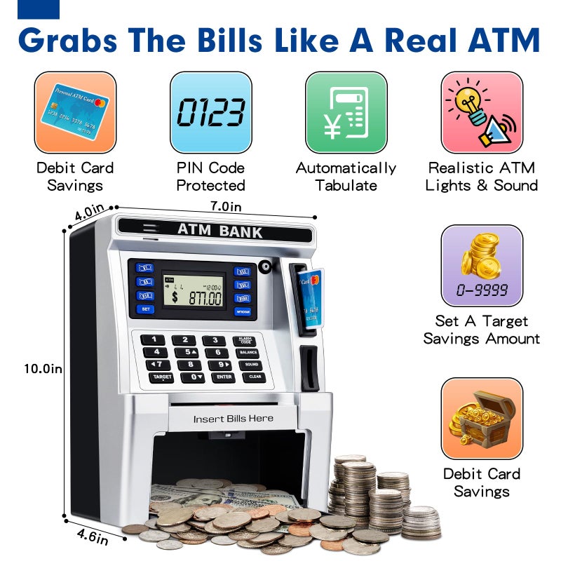 BAODLON Piggy Bank for Kids, ATM Machine Bank for Real Money with Debit Card, Bill Feeder, Coin Recognition, Balance Calculator, Electronic Savings Safe Box, Cool Stuff Toys Gifts for Teen Boys Girls - Image 3
