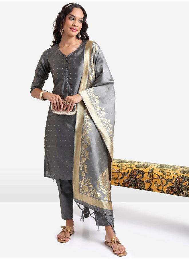 Vishudh - Women Grey Printed Kurta Set with Dupatta by Styli - Image 1