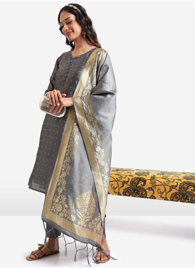 Vishudh - Women Grey Printed Kurta Set with Dupatta by Styli - Image 1